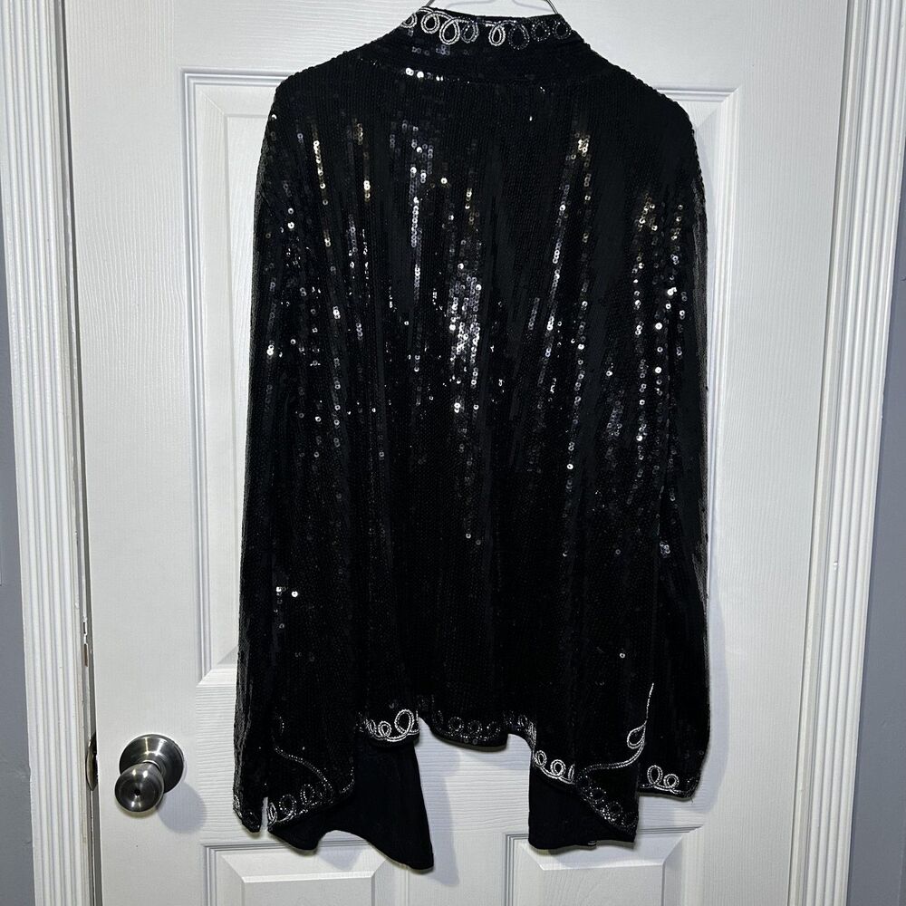 Investments Jacket Women's Large Black Sequin Floral Open Front Knit Embellished - Picture 9 of 11